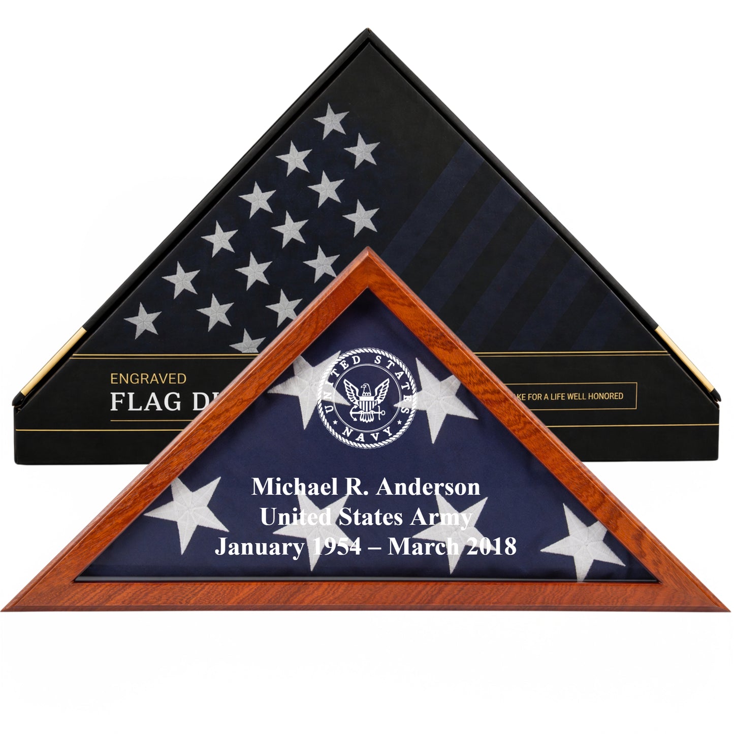 Personalized Navy Flag Display Case with Engraving — Officially Licensed by U.S. Navy, Solid Wood Mahogany, Fits 5'x9.5' Flag