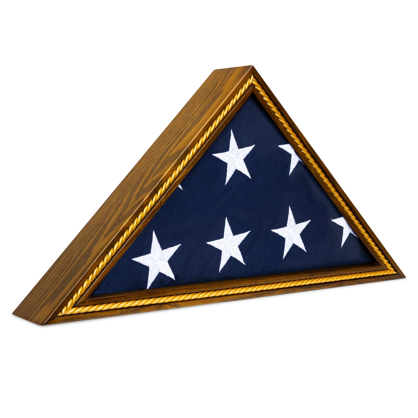 Military Flag Display Case for 5'x9.5' American Flag — Solid Wood Rustic Brown with Gold Trim, Glass Front, Wall Mount or Tabletop
