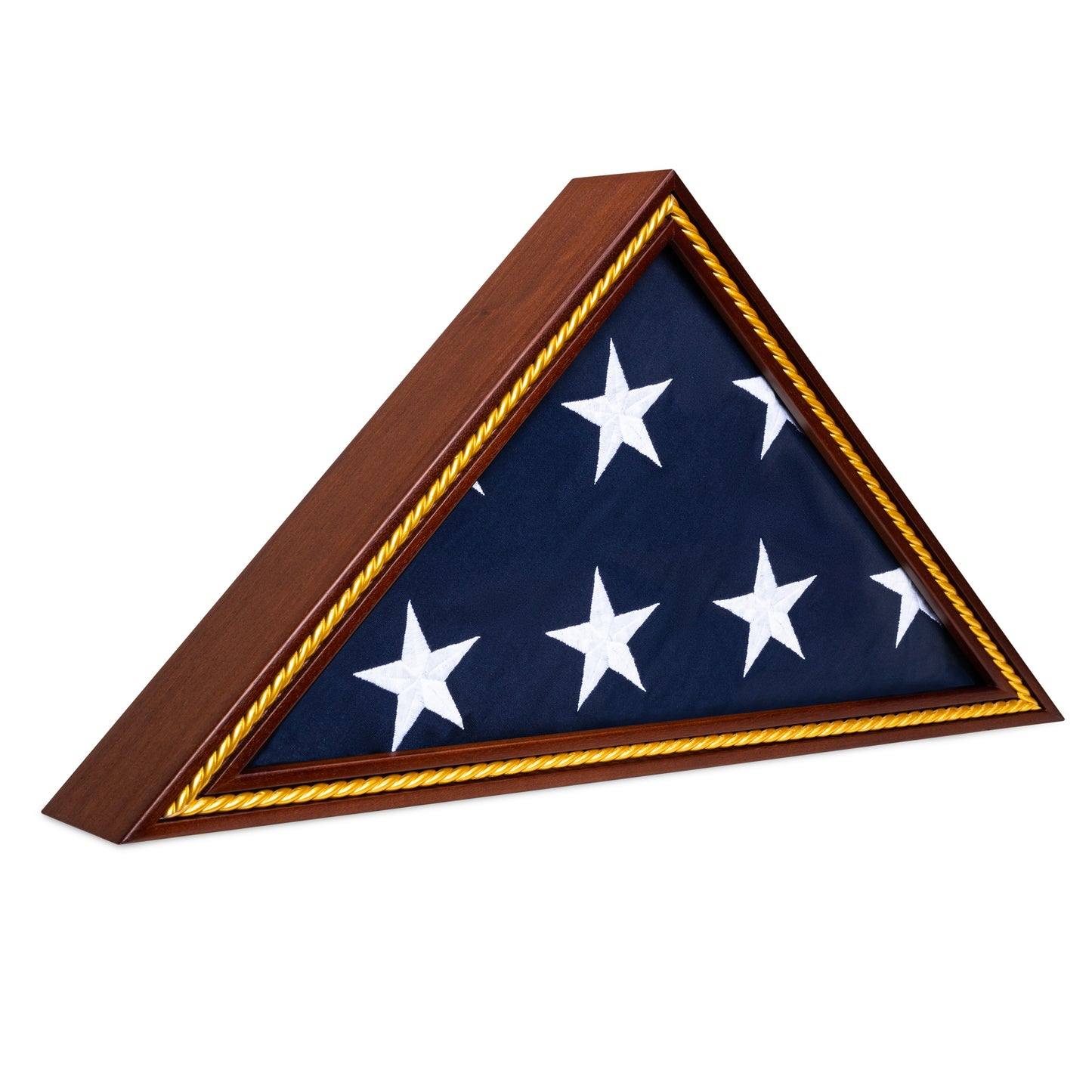 Military Flag Display Case for 5'x9.5' American Flag — Solid Wood Mahogany with Gold Trim, Glass Front, Wall Mount or Tabletop