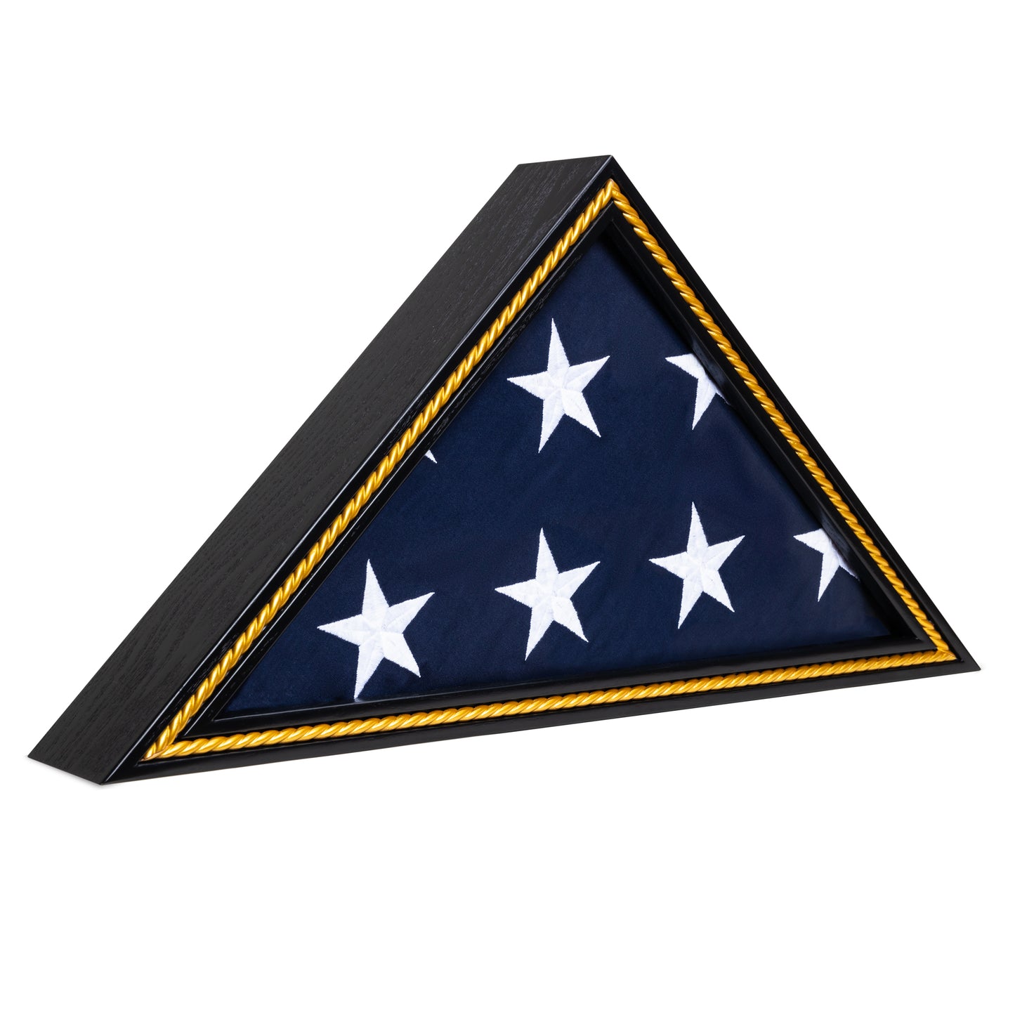 Military Flag Display Case for 5'x9.5' American Flag — Solid Wood Black with Gold Trim, Glass Front, Wall Mount or Tabletop