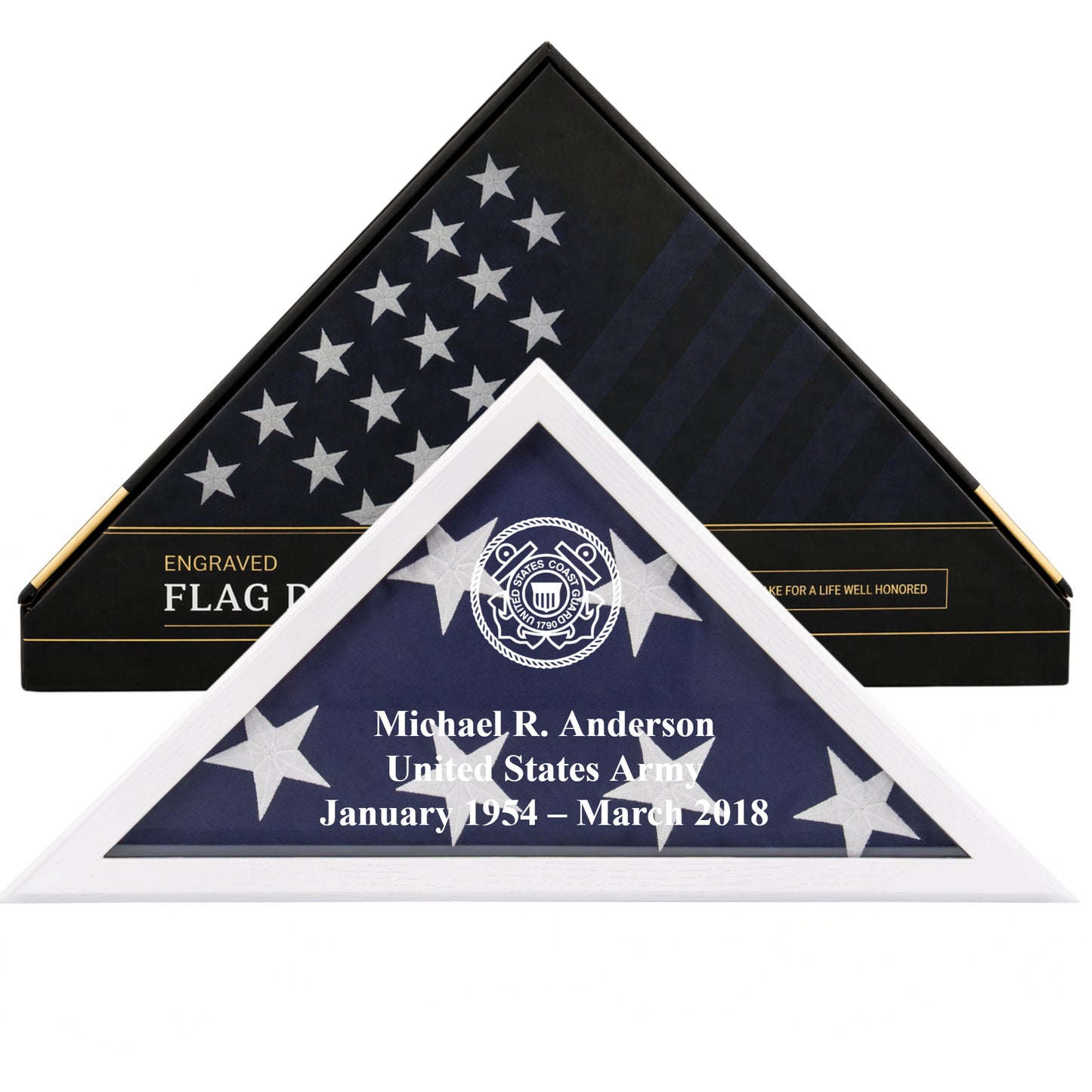 Personalized Coast Guard Flag Display Case with Engraving — Solid Wood White, Glass Front, Fits 5'x9.5' Flag, Licensed by Army & Navy