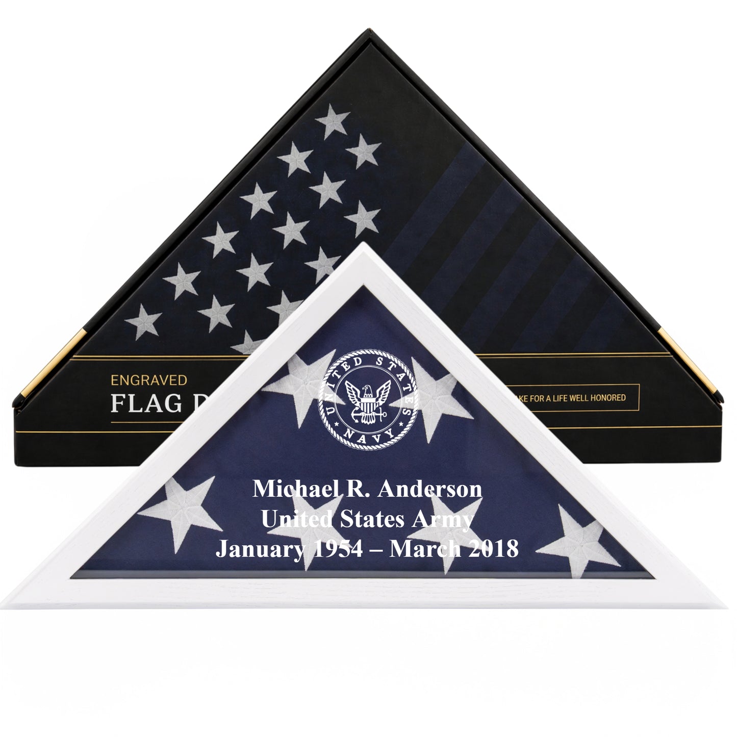 Personalized Navy Flag Display Case with Engraving — Officially Licensed by U.S. Navy, Solid Wood White, Fits 5'x9.5' Flag