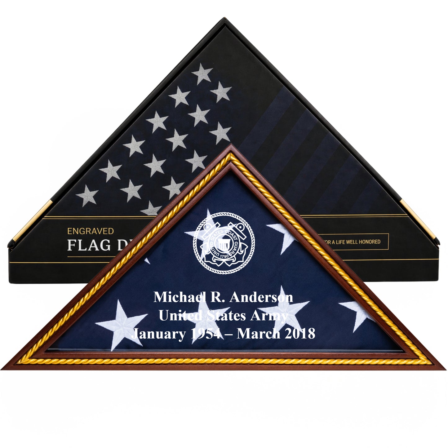 Personalized Coast Guard Flag Display Case with Engraving — Solid Wood Mahogany with Gold Trim, Glass Front, Fits 5'x9.5' Flag, Licensed by Army & Navy