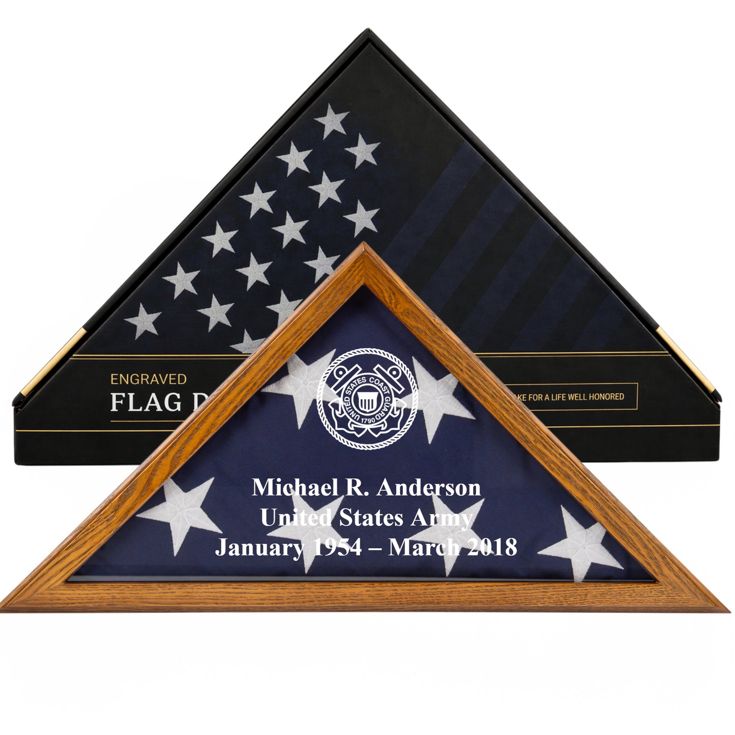 Personalized Coast Guard Flag Display Case with Engraving — Solid Wood Rustic Brown, Glass Front, Fits 5'x9.5' Flag, Licensed by Army & Navy
