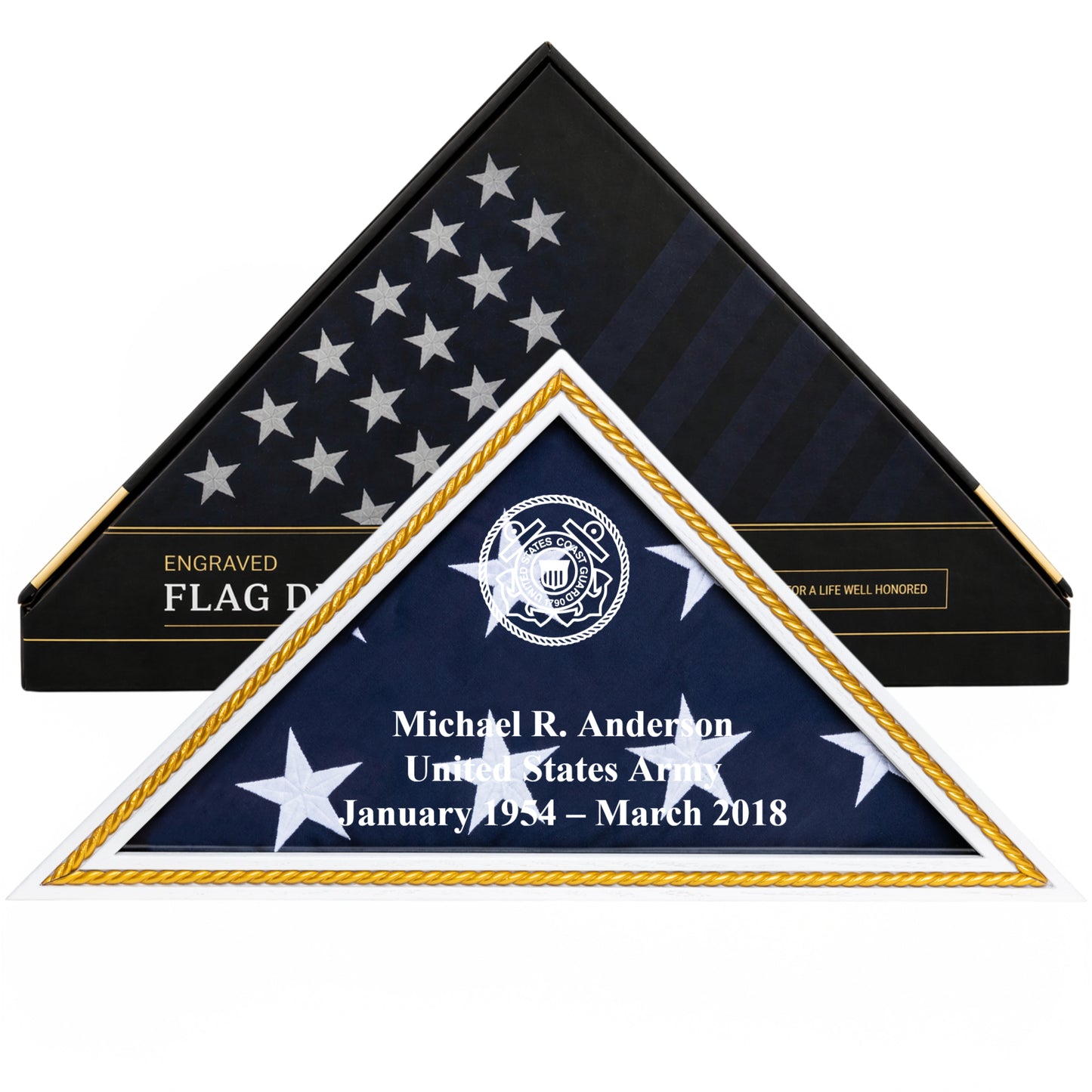 Personalized Coast Guard Flag Display Case with Engraving — Solid Wood White with Gold Trim, Glass Front, Fits 5'x9.5' Flag, Licensed by Army & Navy
