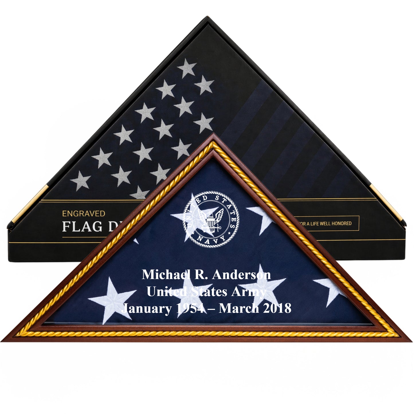 Personalized Navy Flag Display Case with Engraving — Officially Licensed by U.S. Navy, Solid Wood Mahogany with Gold Trim, Fits 5'x9.5' Flag