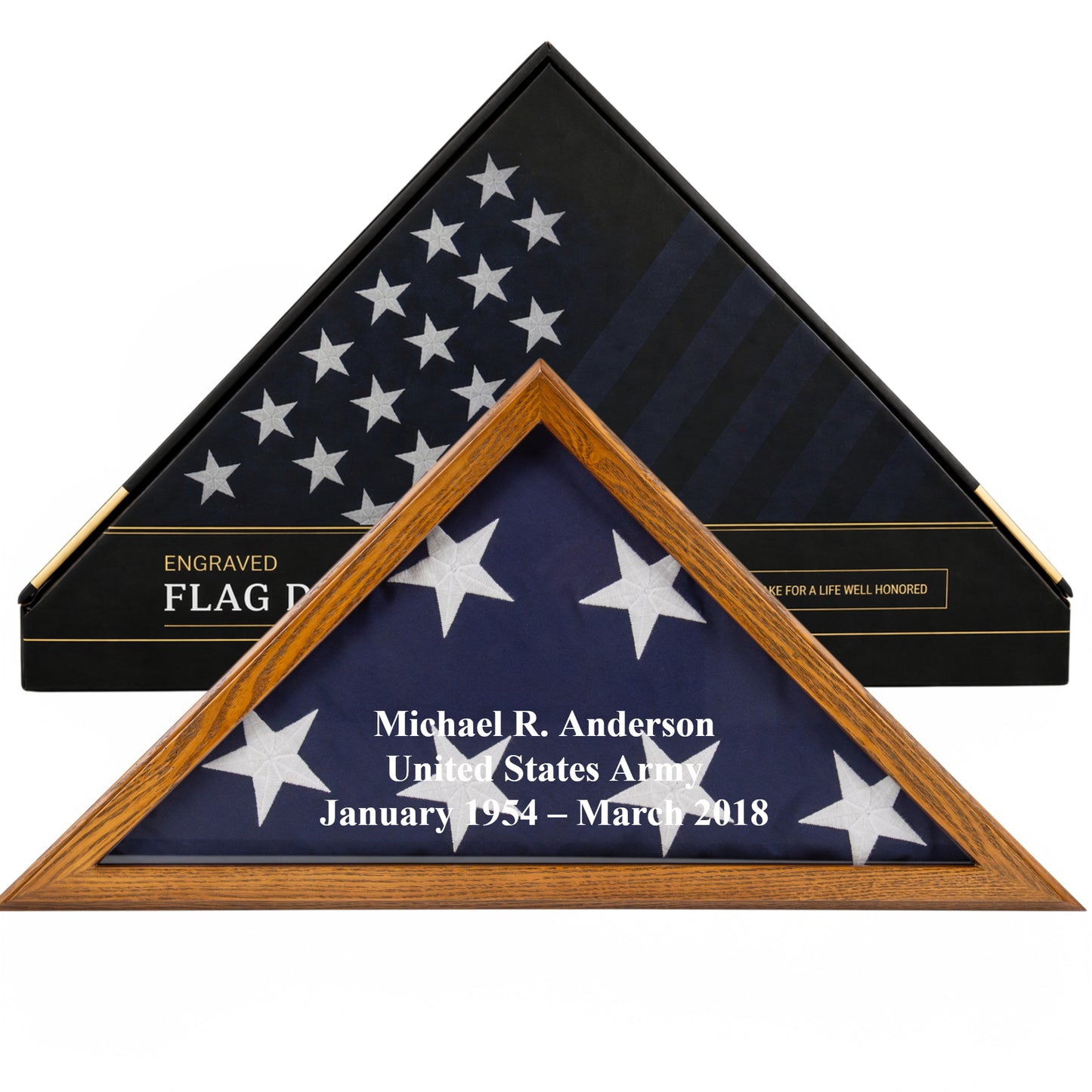 Personalized Flag Display Case with Custom Name Engraving — Solid Wood Rustic Brown, Glass Front, Fits 5'x9.5' American Flag