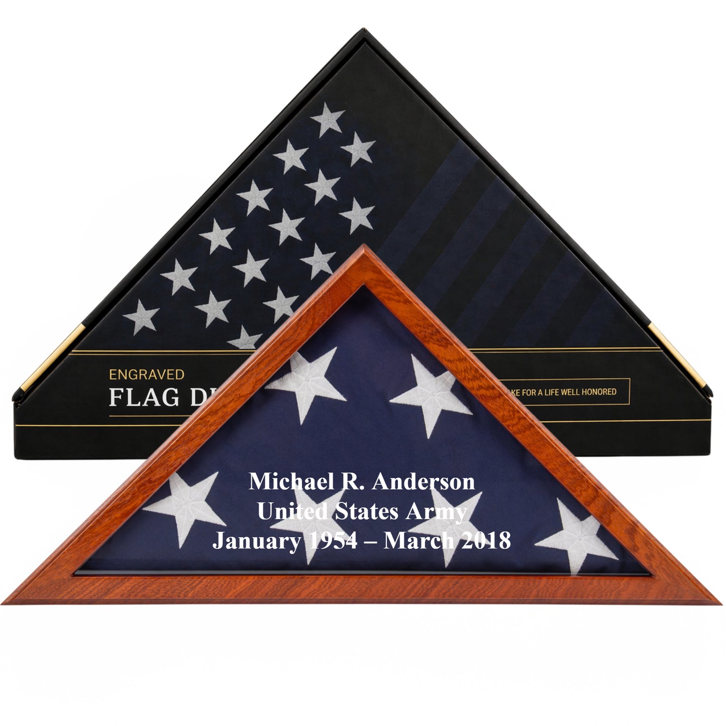 Personalized Flag Display Case with Custom Name Engraving — Solid Wood Mahogany, Glass Front, Fits 5'x9.5' American Flag