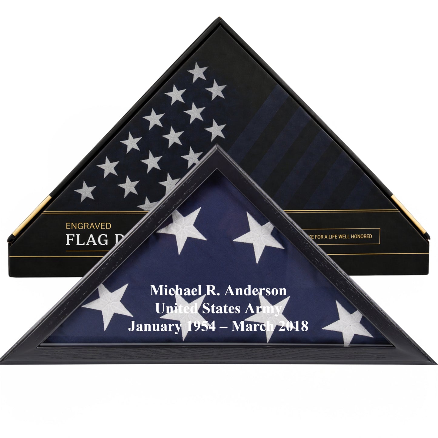 Personalized Flag Display Case with Custom Name Engraving — Solid Wood Black, Glass Front, Fits 5'x9.5' American Flag