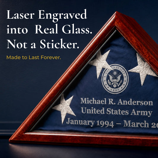 Name, rank and service dates laser engraved on a flag case
