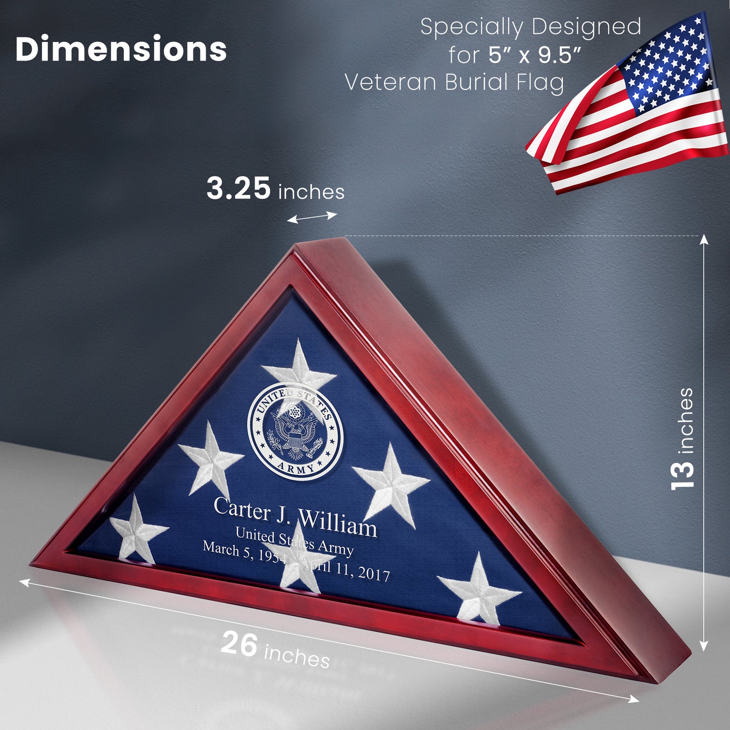 Personalized Flag Display Case for 5' x 9.5' Flag – All Military Branches Available, Veteran Memorial Display Case with Glass Front