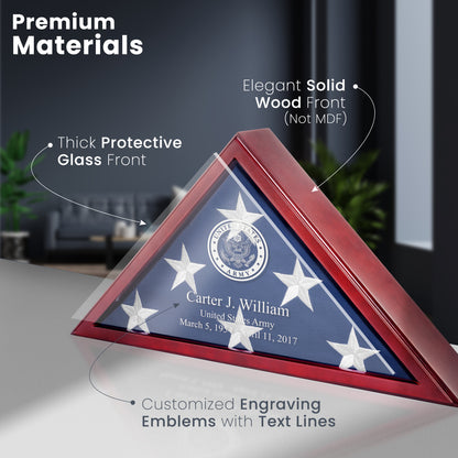 Personalized Flag Display Case for 5' x 9.5' Flag – All Military Branches Available, Veteran Memorial Display Case with Glass Front
