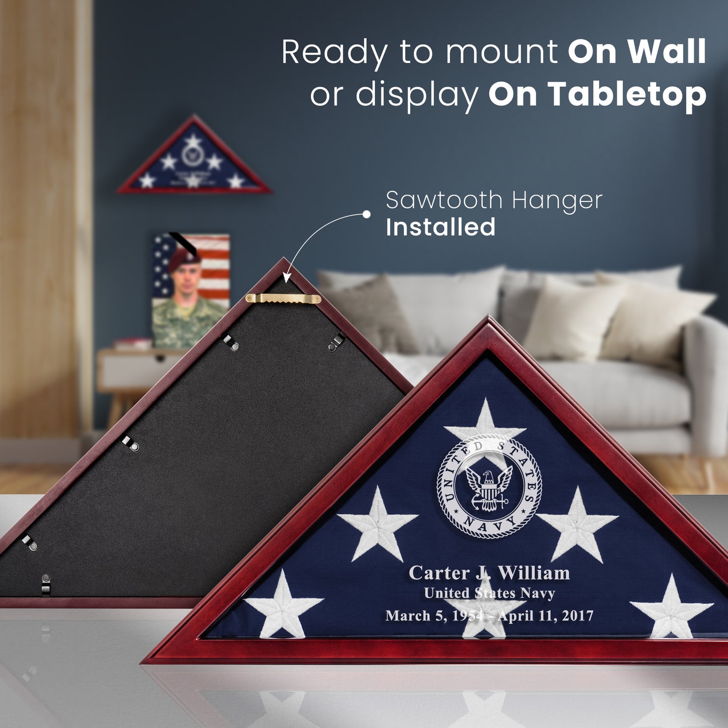 Personalized Flag Display Case for 5' x 9.5' Flag – All Military Branches Available, Veteran Memorial Display Case with Glass Front