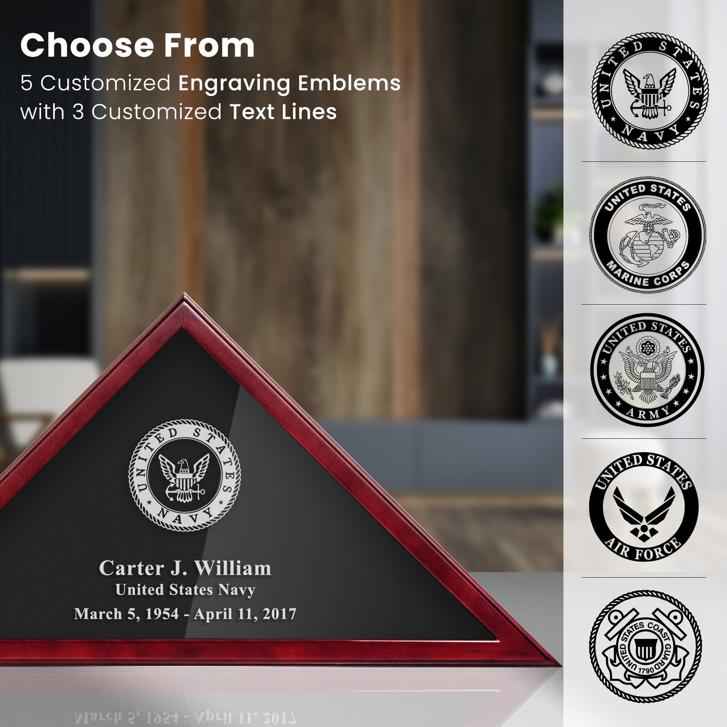 Personalized Flag Display Case for 5' x 9.5' Flag – All Military Branches Available, Veteran Memorial Display Case with Glass Front