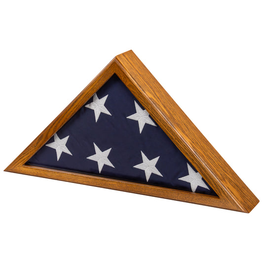 Military Flag Display Case for 5'x9.5' American Flag — Solid Wood Rustic Brown, Glass Front, Wall Mount or Tabletop