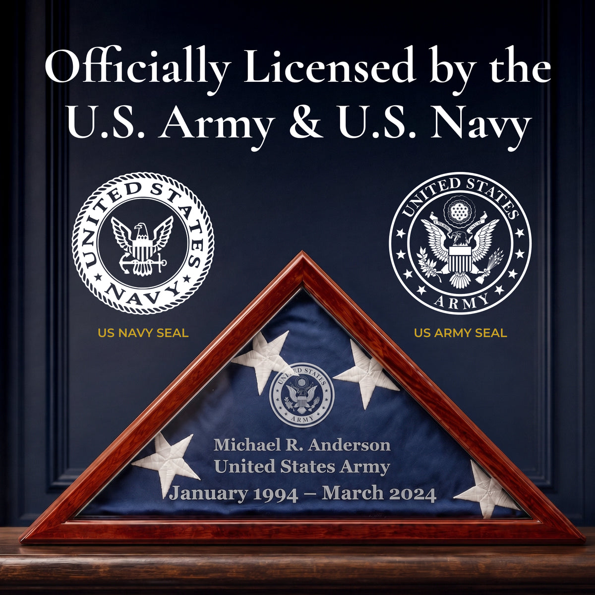 Flag display cases officially licensed by the U.S. Army and U.S. Navy