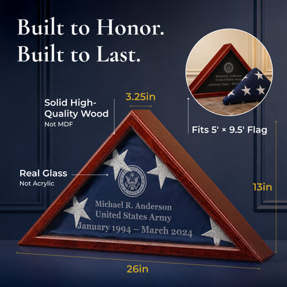 Solid wood flag case dimensions 26 x 13 x 3.25 inches, fits a 5 x 9.5 ft burial flag