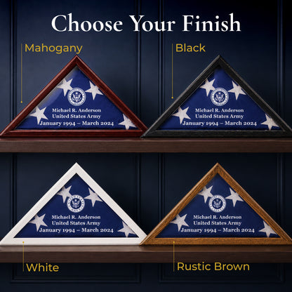 Flag display case finishes: Mahogany, Black, White and Rustic Brown