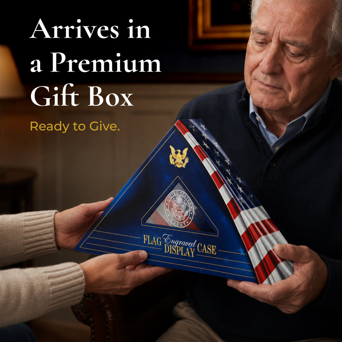 Veteran holding a flag display case in its premium gift box