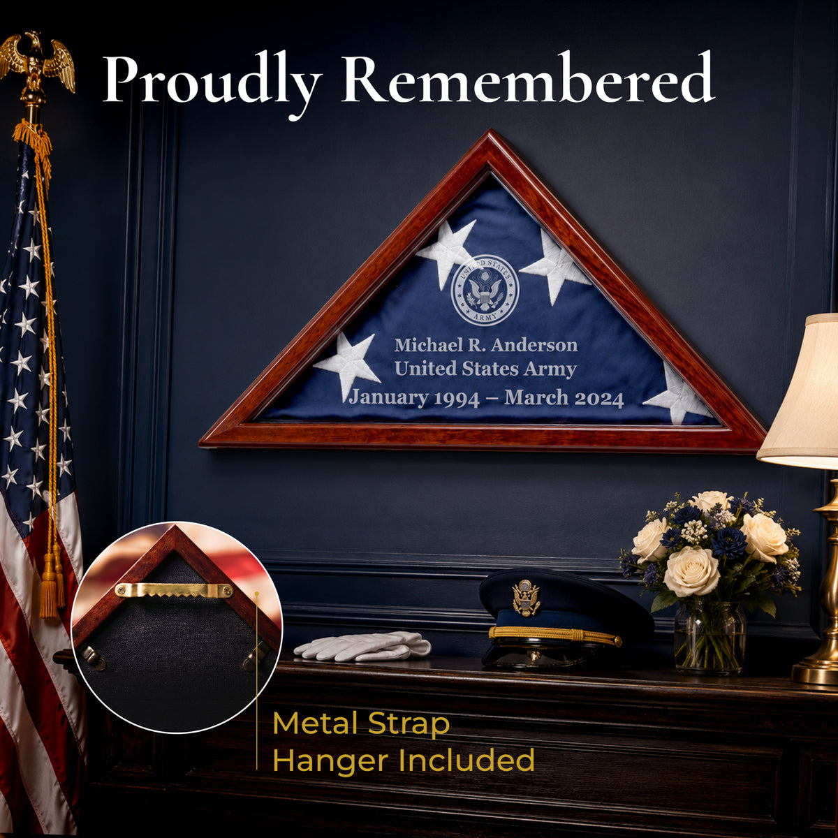 Engraved flag case on display with metal strap hanger included