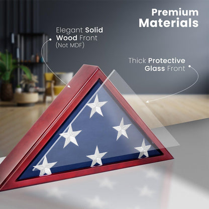 Personalized Flag Display Case — Custom Engraved, Real Glass (Mahogany, Rustic Brown, Black, White), Glass Front, Fits 5'x9.5' Burial Flag