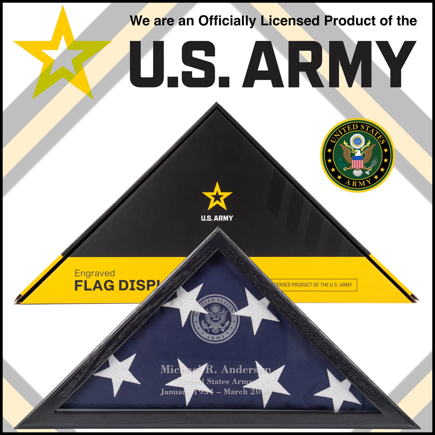 Personalized Army Flag Display Case with Engraving — Officially Licensed by U.S. Army, Solid Wood Black, Fits 5'x9.5' Flag