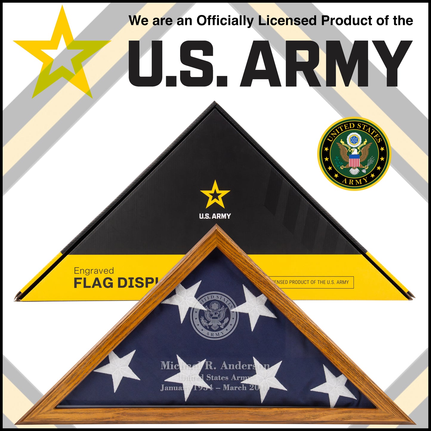 Personalized Army Flag Display Case with Engraving — Officially Licensed by U.S. Army, Solid Wood Rustic Brown, Fits 5'x9.5' Flag