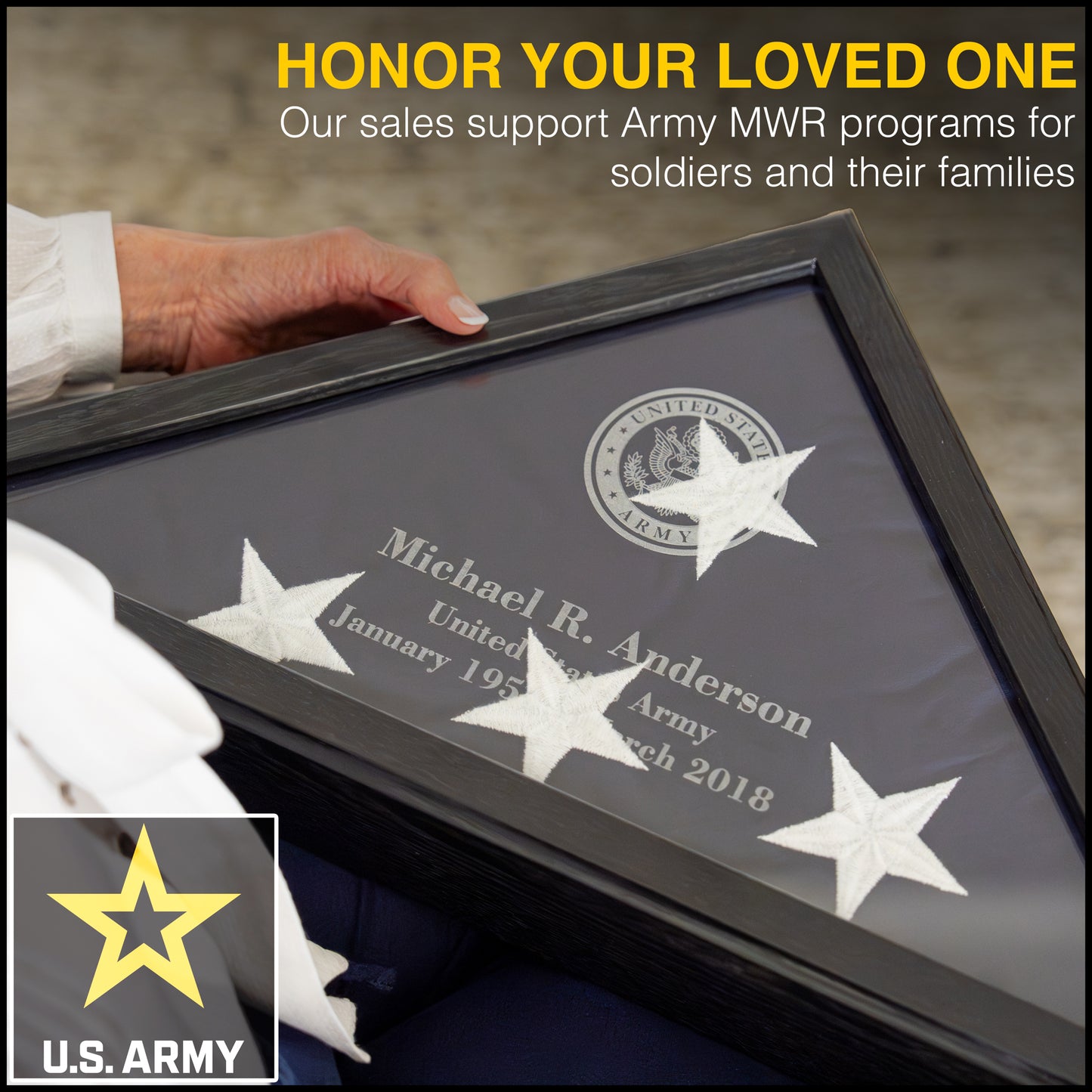 Personalized Army Flag Display Case with Engraving — Officially Licensed by U.S. Army, Solid Wood Black, Fits 5'x9.5' Flag