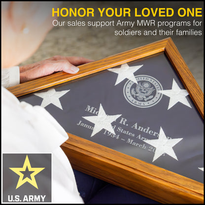 Personalized Army Flag Display Case with Engraving — Officially Licensed by U.S. Army, Solid Wood Rustic Brown, Fits 5'x9.5' Flag