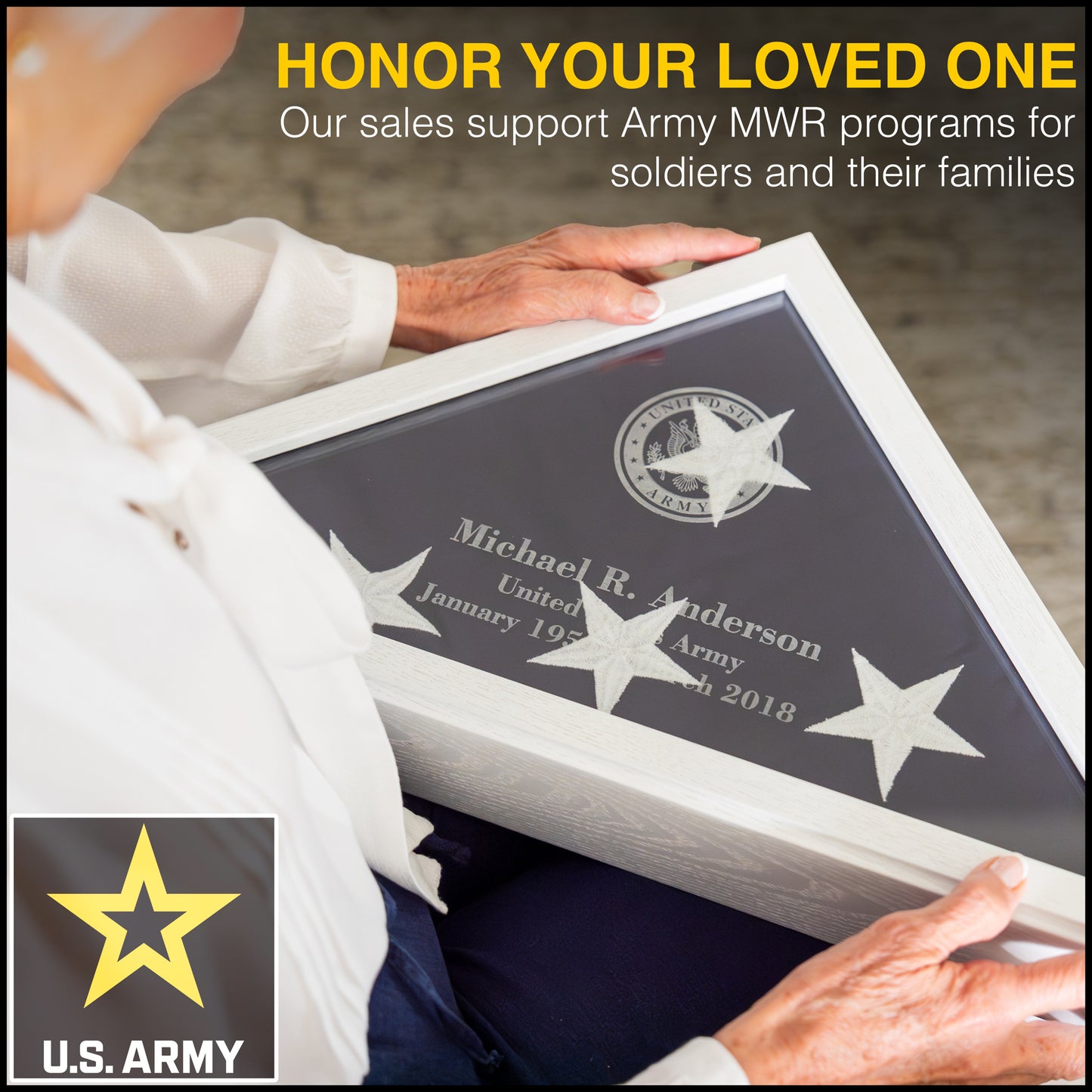 Personalized Army Flag Display Case with Engraving — Officially Licensed by U.S. Army, Solid Wood White, Fits 5'x9.5' Flag