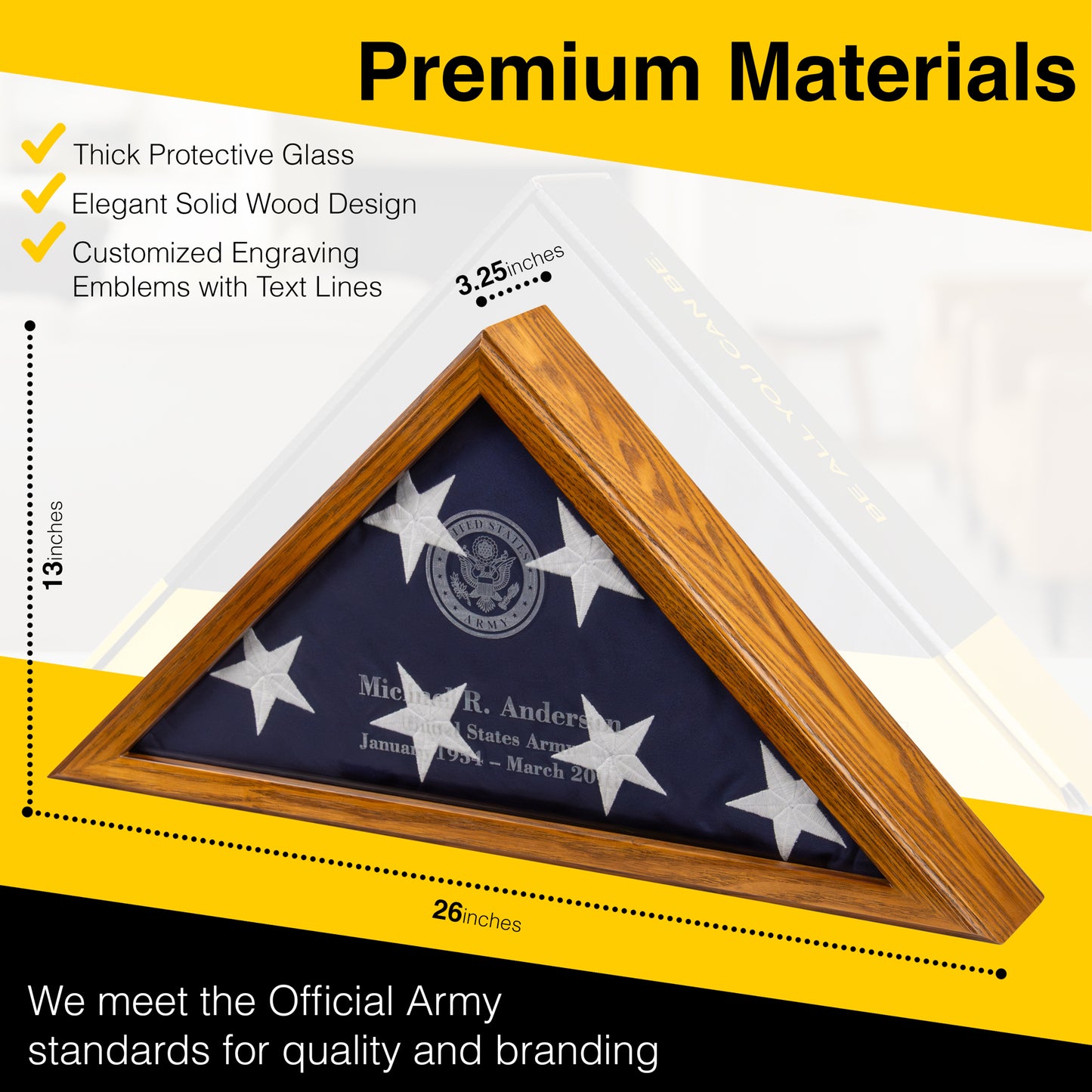 Personalized Army Flag Display Case with Engraving — Officially Licensed by U.S. Army, Solid Wood Rustic Brown, Fits 5'x9.5' Flag