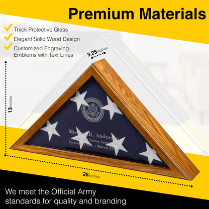 Personalized Army Flag Display Case with Engraving — Officially Licensed by U.S. Army, Solid Wood Rustic Brown, Fits 5'x9.5' Flag