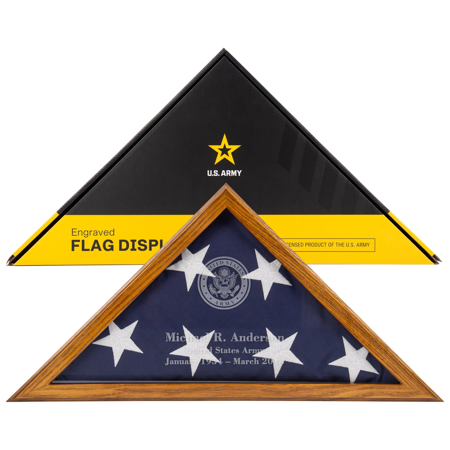 Personalized Army Flag Display Case with Engraving — Officially Licensed by U.S. Army, Solid Wood Rustic Brown, Fits 5'x9.5' Flag