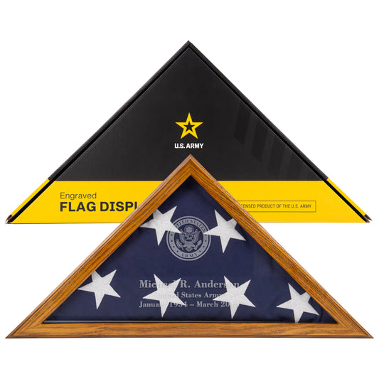 Personalized Army Flag Display Case with Engraving — Officially Licensed by U.S. Army, Solid Wood Rustic Brown, Fits 5'x9.5' Flag