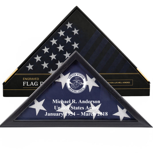 Personalized Marines Flag Display Case with Engraving — Solid Wood Black, Glass Front, Fits 5'x9.5' Flag, Licensed by Army & Navy