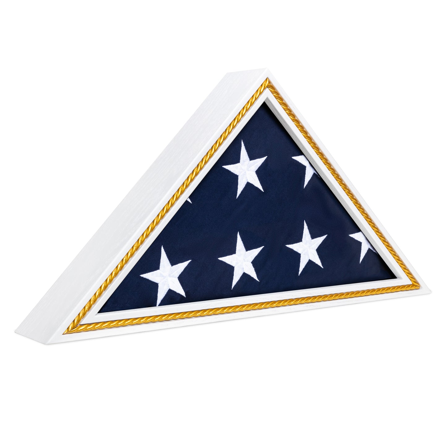 Military Flag Display Case for 5'x9.5' American Flag — Solid Wood White with Gold Trim, Glass Front, Wall Mount or Tabletop