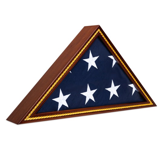 Military Flag Display Case for 5'x9.5' American Flag — Solid Wood Mahogany with Gold Trim, Glass Front, Wall Mount or Tabletop
