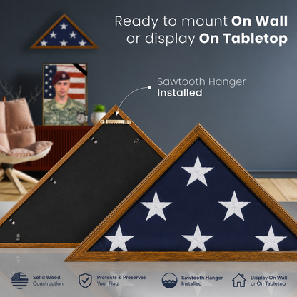 Personalized Flag Display Case with Custom Name Engraving — Solid Wood Rustic Brown, Glass Front, Fits 5'x9.5' American Flag