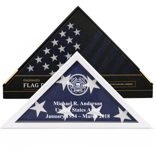 Personalized Coast Guard Flag Display Case with Engraving — Solid Wood White, Glass Front, Fits 5'x9.5' Flag, Licensed by Army & Navy