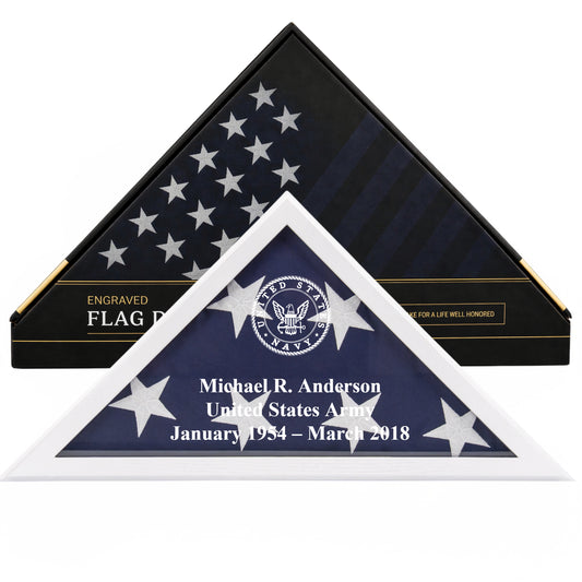 Personalized Marines Flag Display Case with Engraving — Solid Wood White, Glass Front, Fits 5'x9.5' Flag, Licensed by Army & Navy
