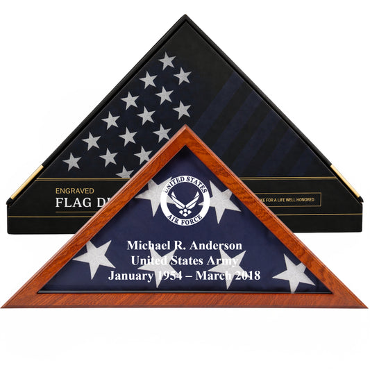 Personalized Air Force Flag Display Case with Engraving — Solid Wood Mahogany, Glass Front, Fits 5'x9.5' Flag, Licensed by Army & Navy