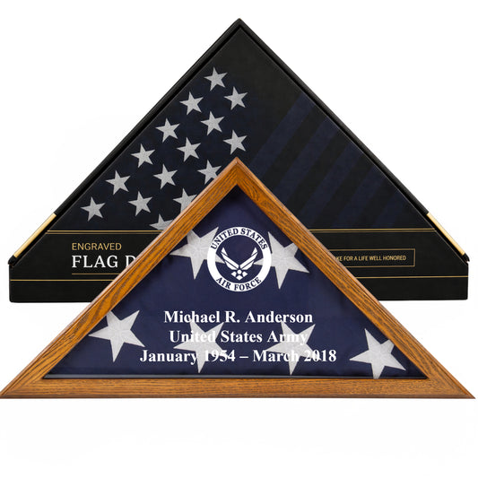 Personalized Air Force Flag Display Case with Engraving — Solid Wood Rustic Brown, Glass Front, Fits 5'x9.5' Flag, Licensed by Army & Navy