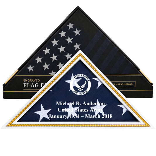 Personalized Air Force Flag Display Case with Engraving — Solid Wood White with Gold Trim, Glass Front, Fits 5'x9.5' Flag, Licensed by Army & Navy