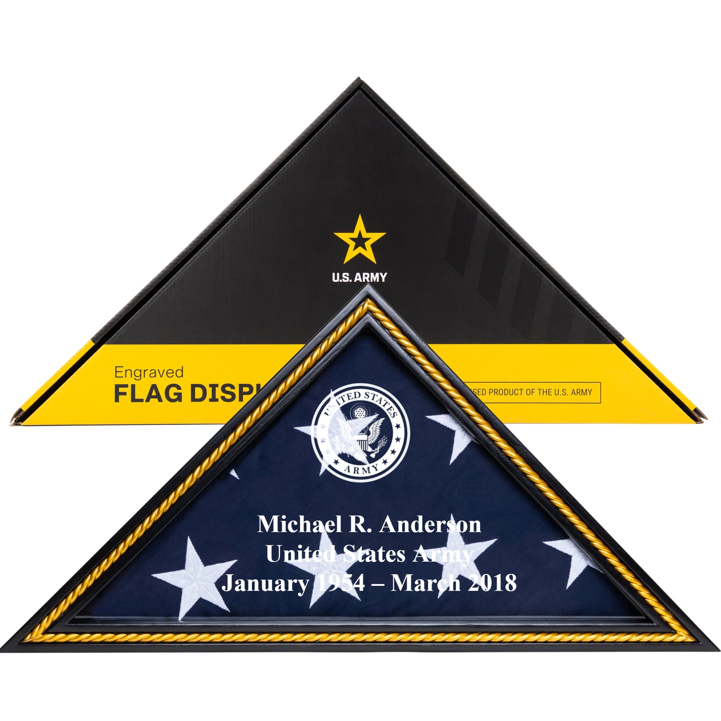 Personalized Army Flag Display Case with Engraving — Officially Licensed by U.S. Army, Solid Wood Black with Gold Trim, Fits 5'x9.5' Flag