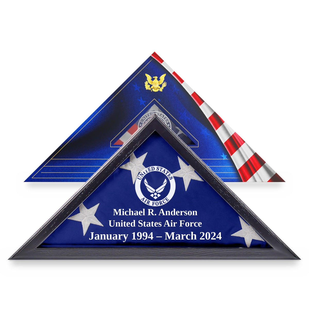 Air Force flag display case with engraving in Black solid wood, in front of its flag gift box