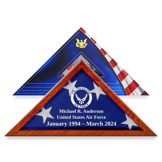 Air Force flag display case with engraving in Mahogany solid wood, in front of its flag gift box