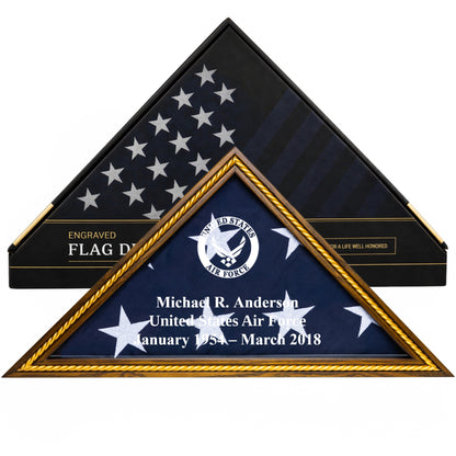 Heritage Air Force flag display case in Rustic Brown with gold trim