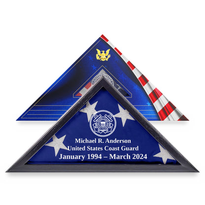 Coast Guard flag display case with engraving in Black solid wood, in front of its flag gift box