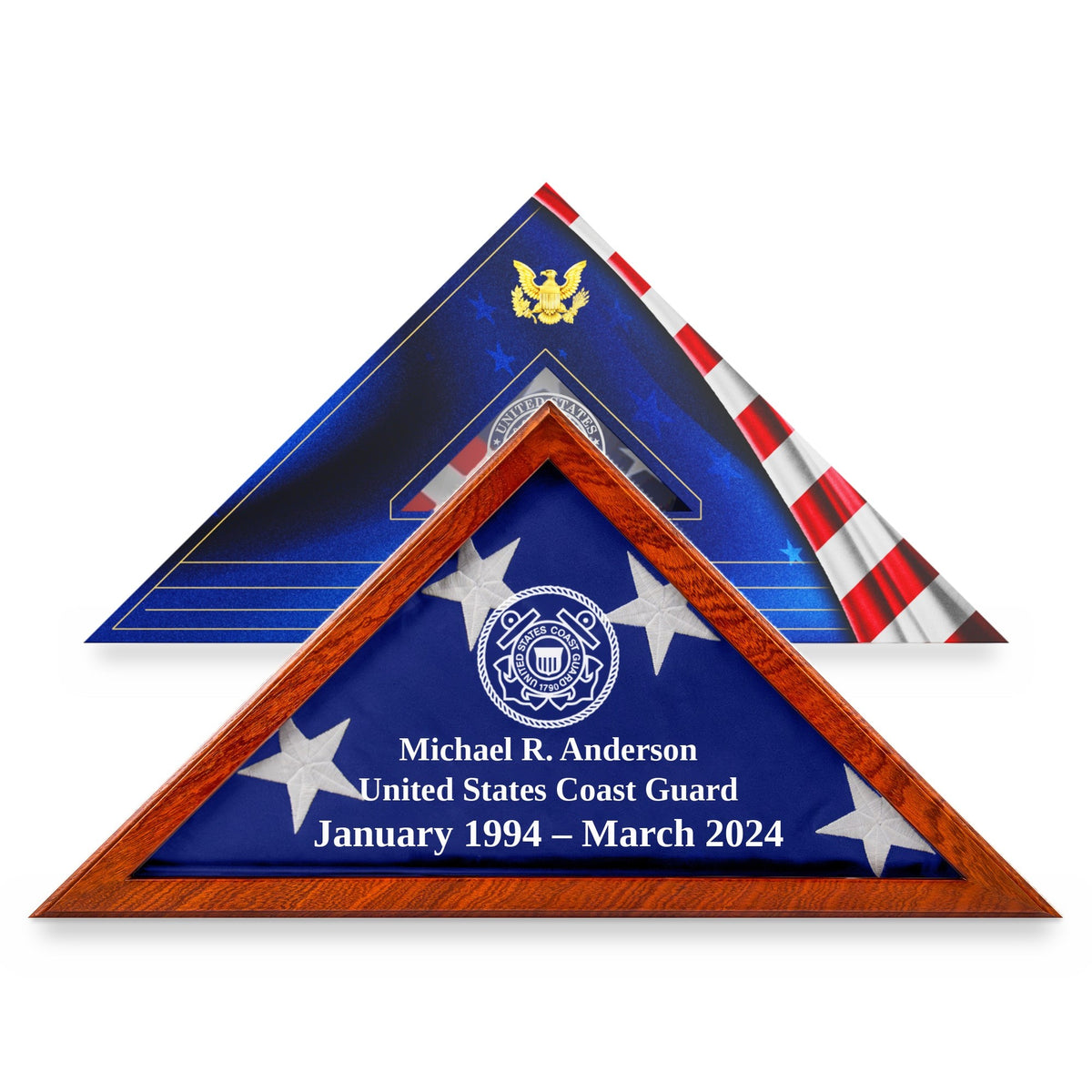 Coast Guard flag display case with engraving in Mahogany solid wood, in front of its flag gift box