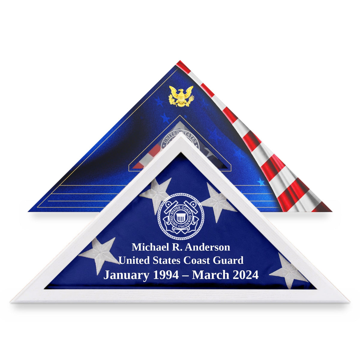 Coast Guard flag display case with engraving in White solid wood, in front of its flag gift box